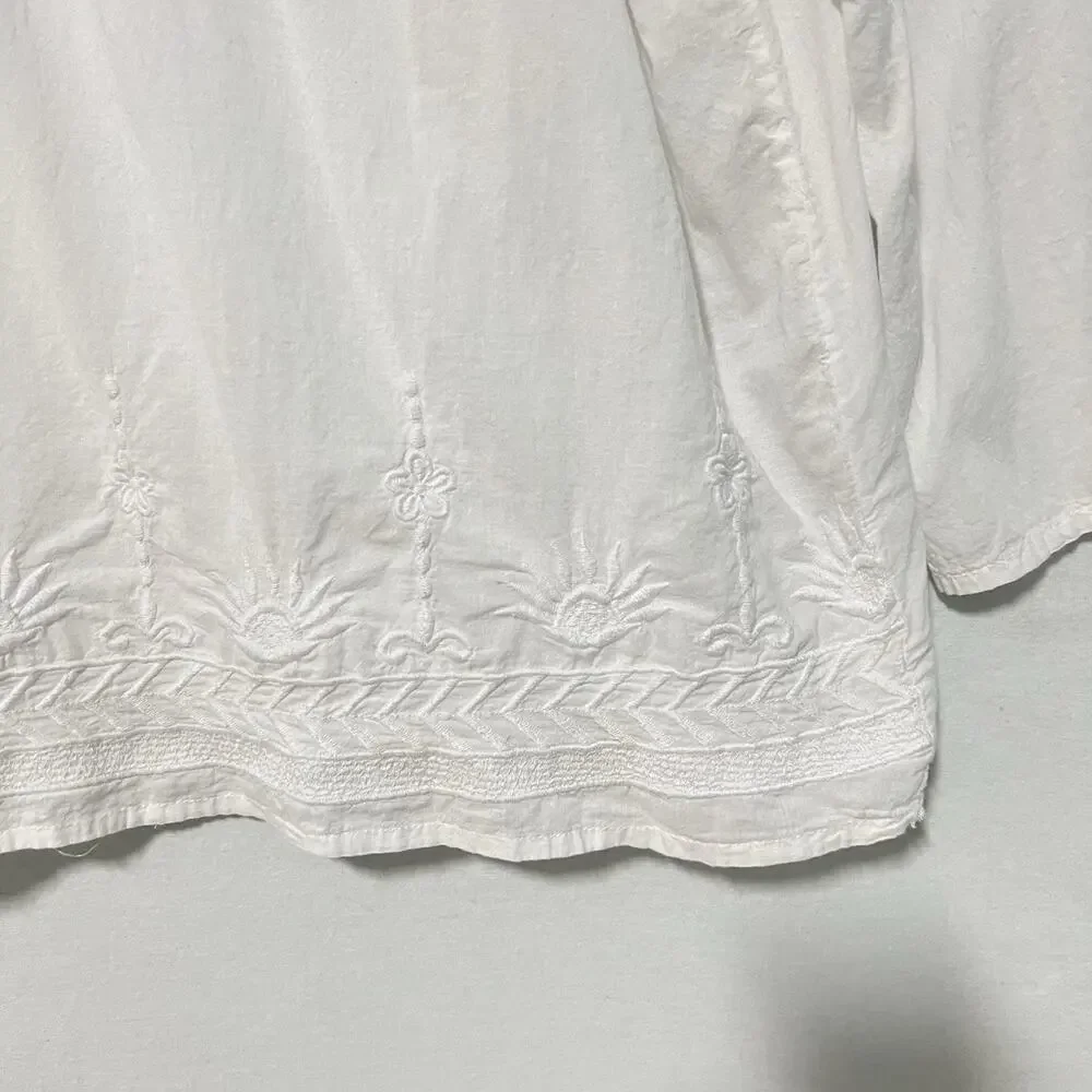 CHIC CONNECTION Women Tunic Top L Long Sleeve White Embroidered 100% Cotton